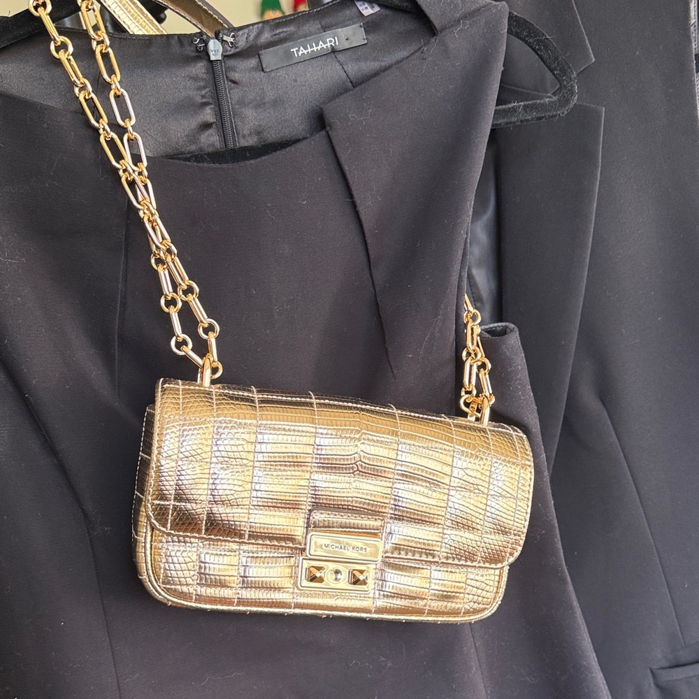Michael Kors Gold Croc-Embossed Chain Crossbody Bag